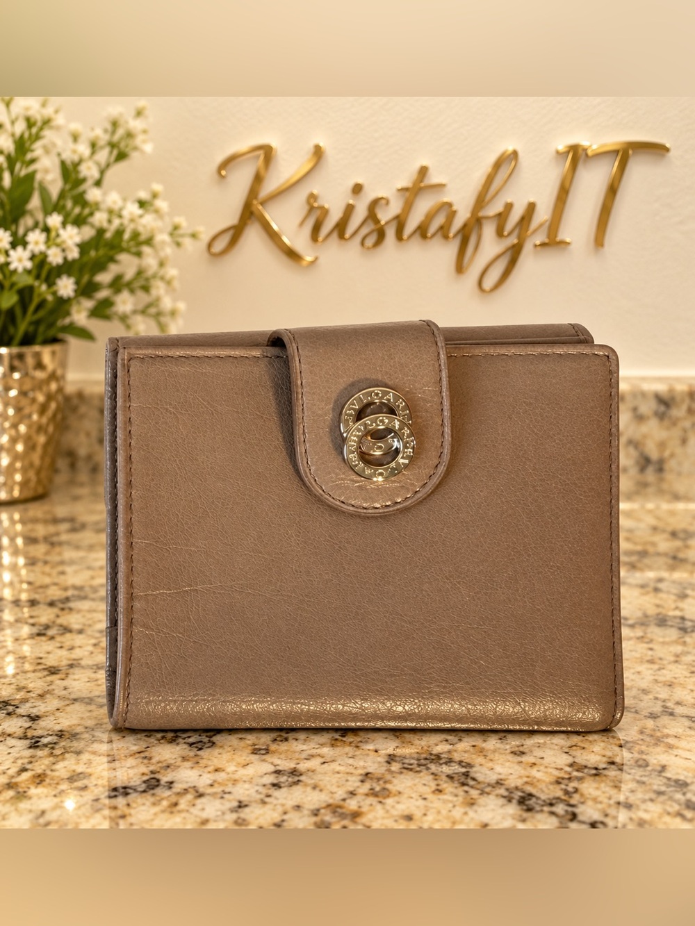 BVLGARI Taupe Leather French Wallet Kiss Lock Coin Purse Gold Logo